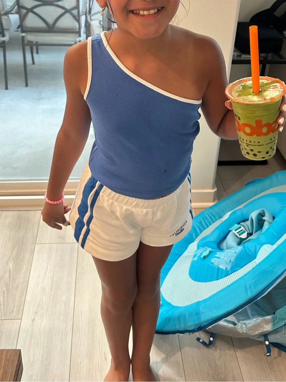 Zara Blue Ribbed Crop Tank with white Trim and Heart Accent